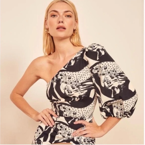 Reformation Persephone Print One Shoulder High Slit Midi Dress Sz 4 - Picture 14 of 14